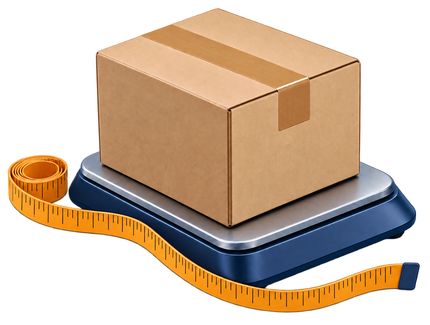 Packed parcel on digital scales with a tape measure